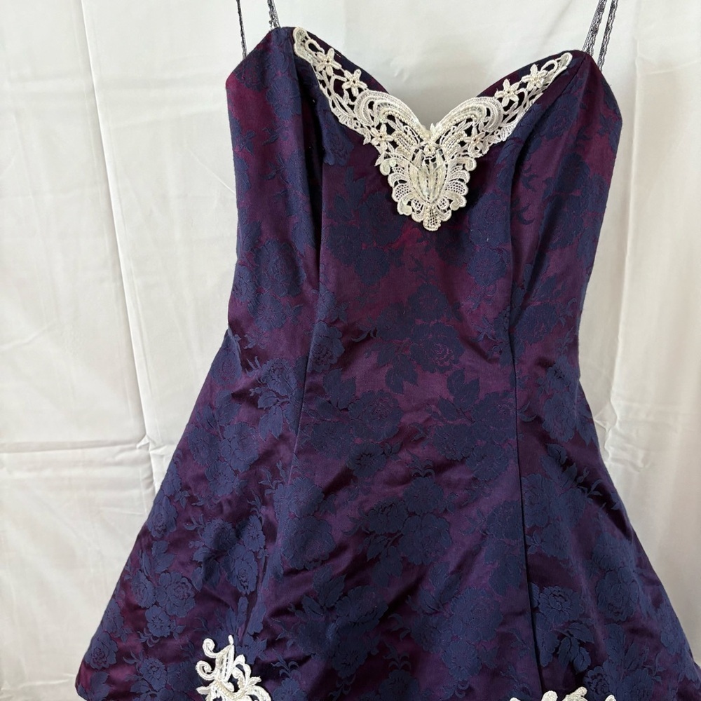 Vintage strapless puff mini dress navy blue jacquard lace formal prom medium - Picture 3 of 6